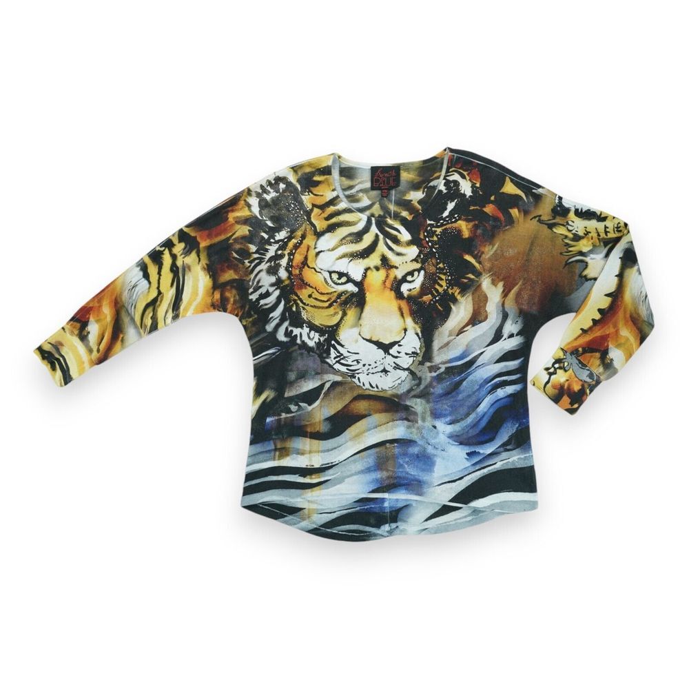 French Blue Women's Top Tiger Print Embellishments Size PM Petites Multicolor